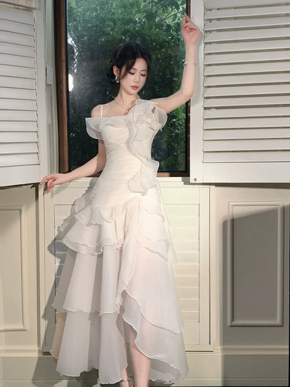 Irregular Ruffled  A Line Wedding Dress Chiffon Formal Dress  P1658