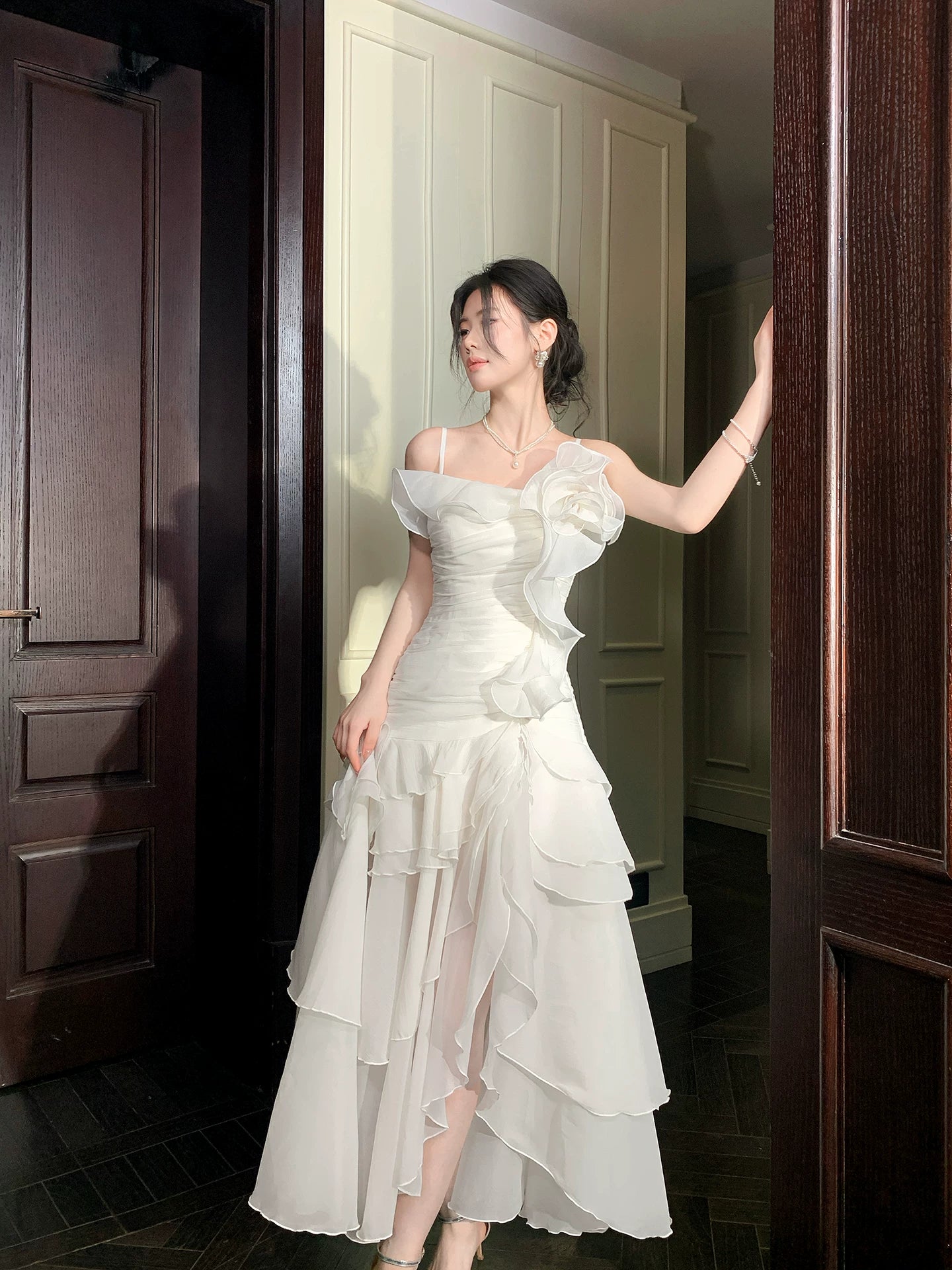 Irregular Ruffled  A Line Wedding Dress Chiffon Formal Dress  P1658