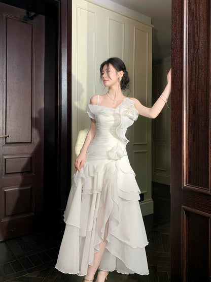 Irregular Ruffled  A Line Wedding Dress Chiffon Formal Dress  P1658