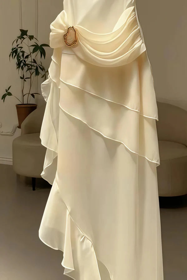 Ivory Chiffon Ruffled Prom Dress Elegant Graduation Dress  P1081