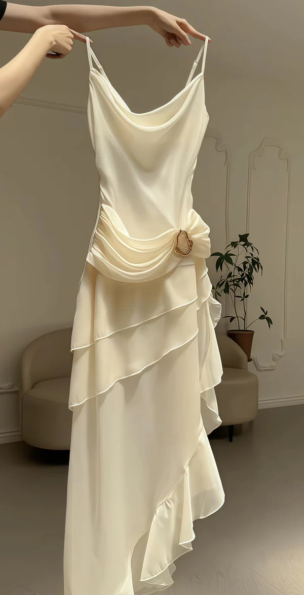 Ivory Chiffon Ruffled Prom Dress Elegant Graduation Dress  P1081