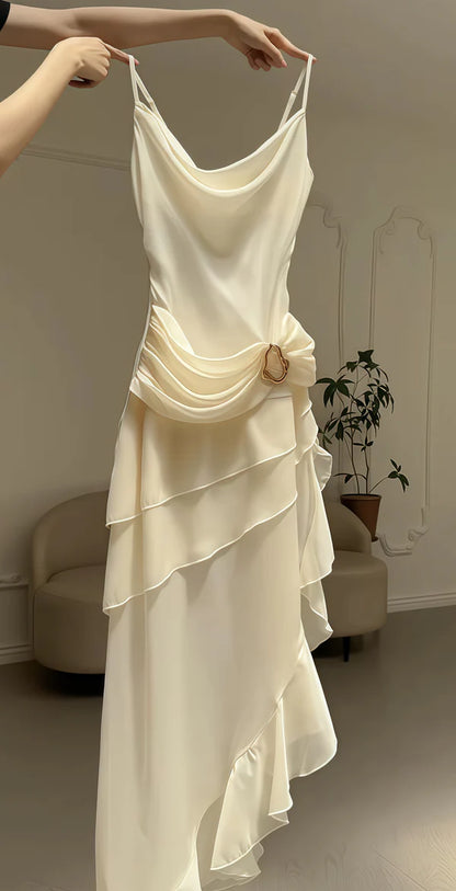Ivory Chiffon Ruffled Prom Dress Elegant Graduation Dress  P1081