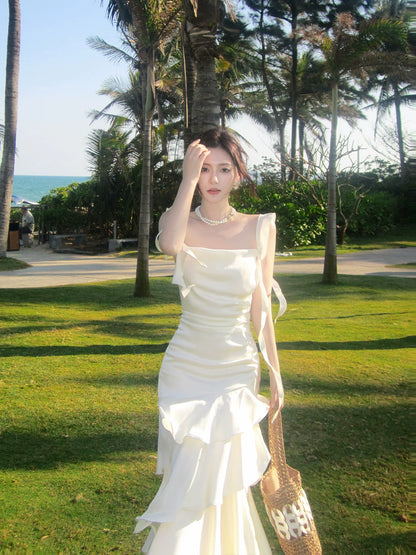 Ivory Layered Graduation Dress Ruffled Birthday Gown  P1522