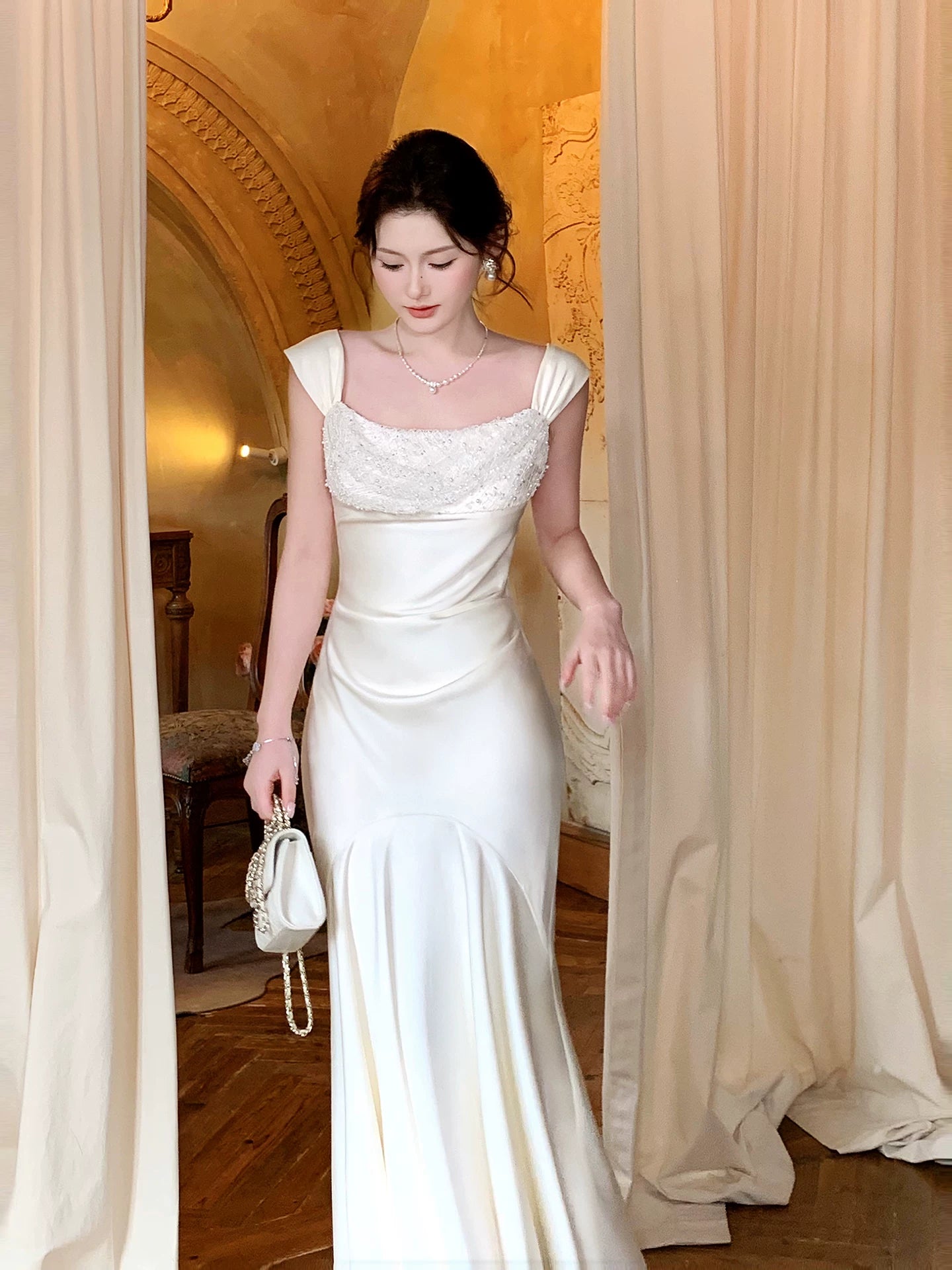 Ivory Mermaid Satin Evening Dress Elegant Graduation Dress  P1592