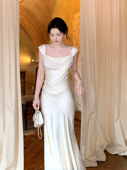 Ivory Mermaid Satin Evening Dress Elegant Graduation Dress  P1592