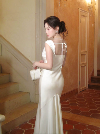 Ivory Mermaid Satin Evening Dress Elegant Graduation Dress  P1592