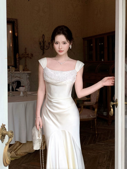 Ivory Mermaid Satin Evening Dress Elegant Graduation Dress  P1592