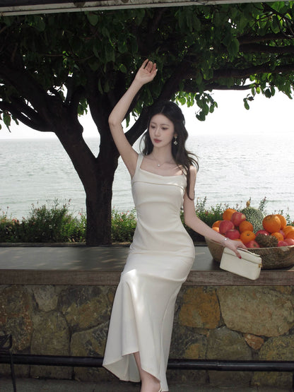 Ivory Mermaid Satin Wedding Dress Elegant Evening Dress  P1281