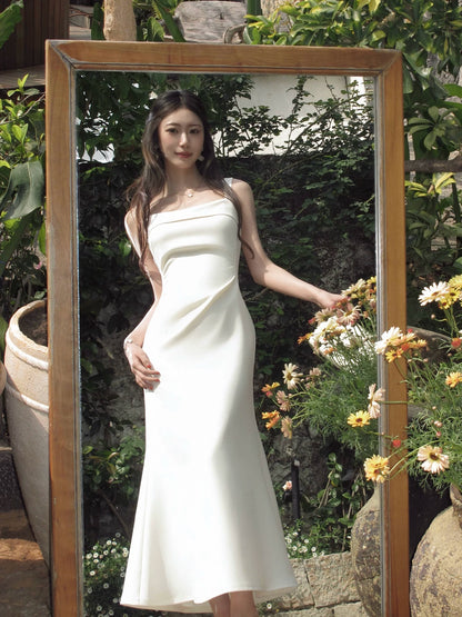 Ivory Mermaid Satin Wedding Dress Elegant Evening Dress  P1281