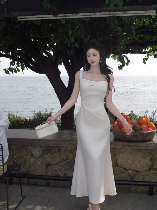 Ivory Mermaid Satin Wedding Dress Elegant Evening Dress  P1281