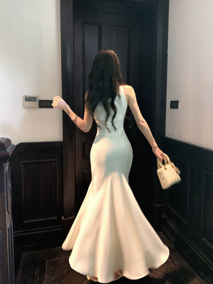 Ivory Mermaid Satin Wedding Dress Elegant Evening Dress  P1635