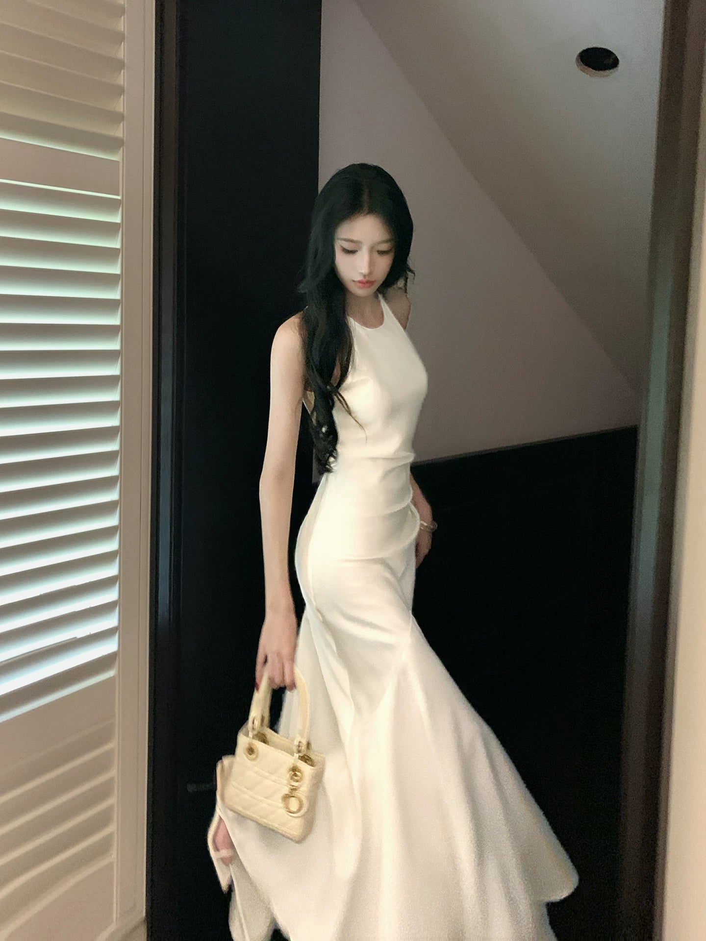 Ivory Mermaid Satin Wedding Dress Elegant Evening Dress  P1635
