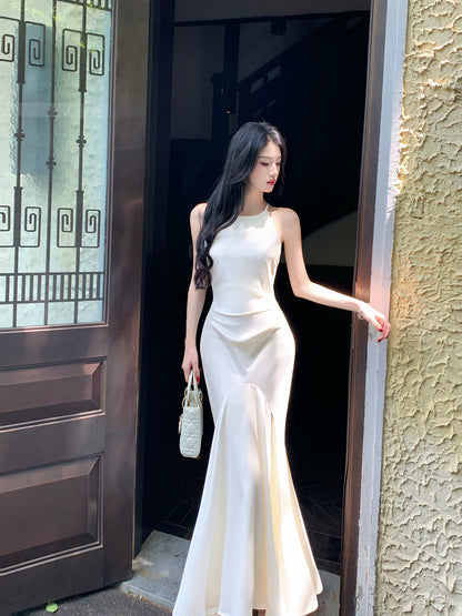 Ivory Mermaid Satin Wedding Dress Elegant Evening Dress  P1635