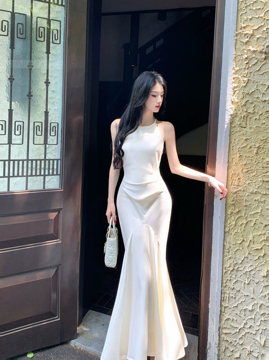 Ivory Mermaid Satin Wedding Dress Elegant Evening Dress  P1635
