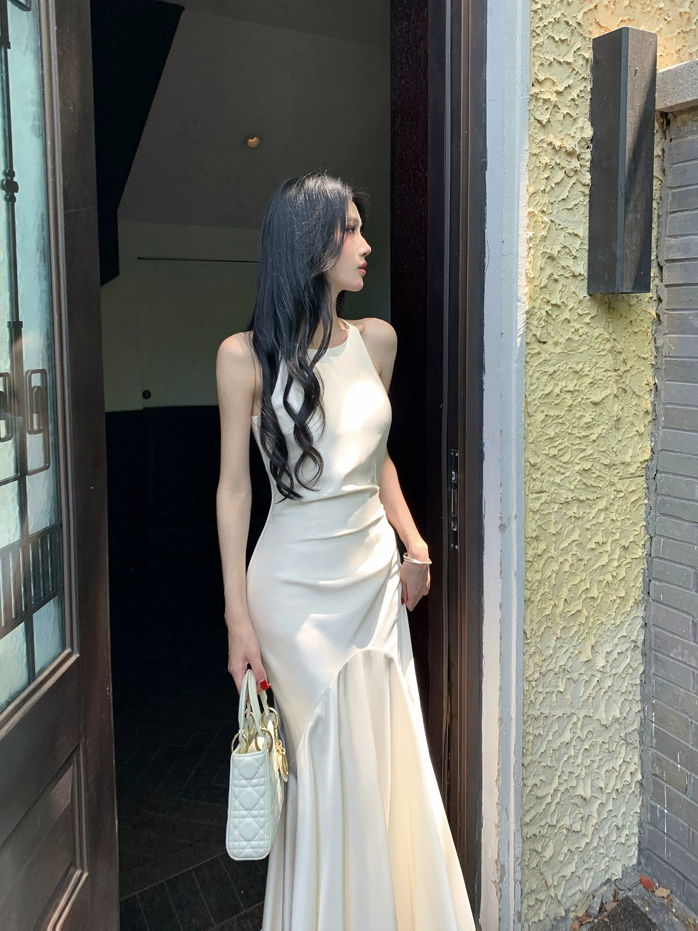 Ivory Mermaid Satin Wedding Dress Elegant Evening Dress  P1635