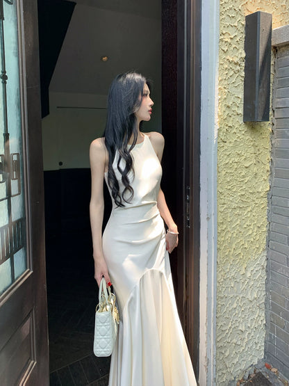 Ivory Mermaid Satin Wedding Dress Elegant Evening Dress  P1635