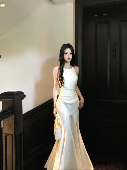 Ivory Mermaid Satin Wedding Dress Elegant Evening Dress  P1635
