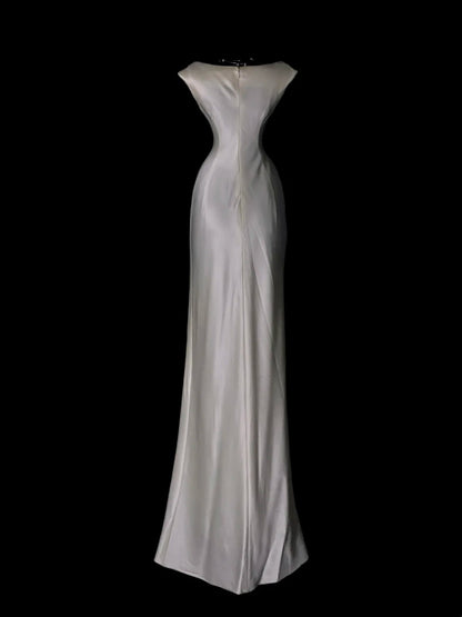 Ivory Satin Mermaid Formal Wedding Dress Elegant Evening Dress  P1731
