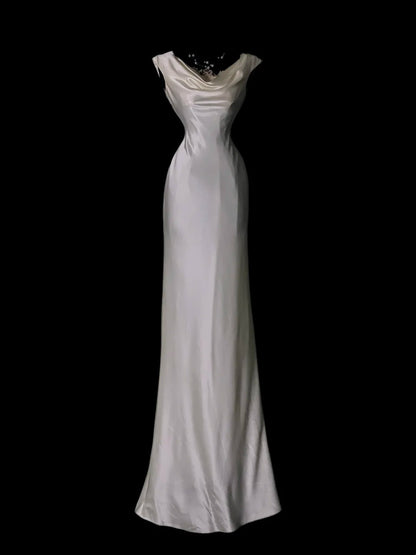 Ivory Satin Mermaid Formal Wedding Dress Elegant Evening Dress  P1731