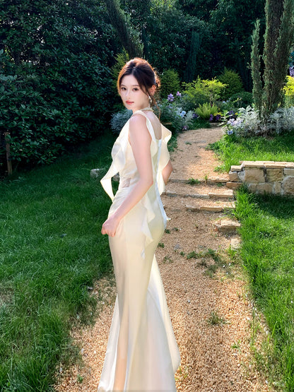 Ivory Satin Sheath Evening Dress Ruffled Wedding Dress  P1520
