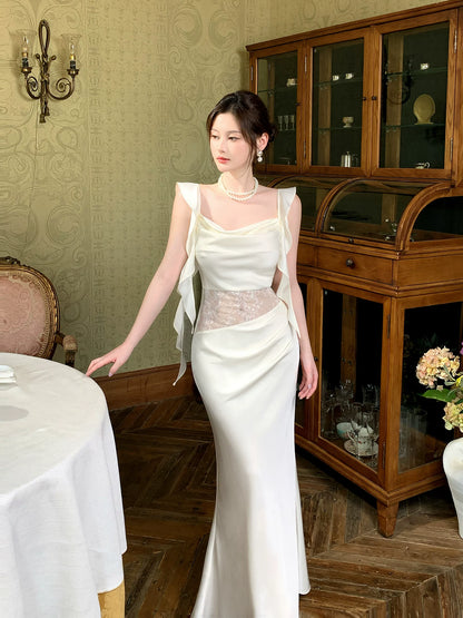 Ivory Satin Sheath Evening Dress Ruffled Wedding Dress  P1520