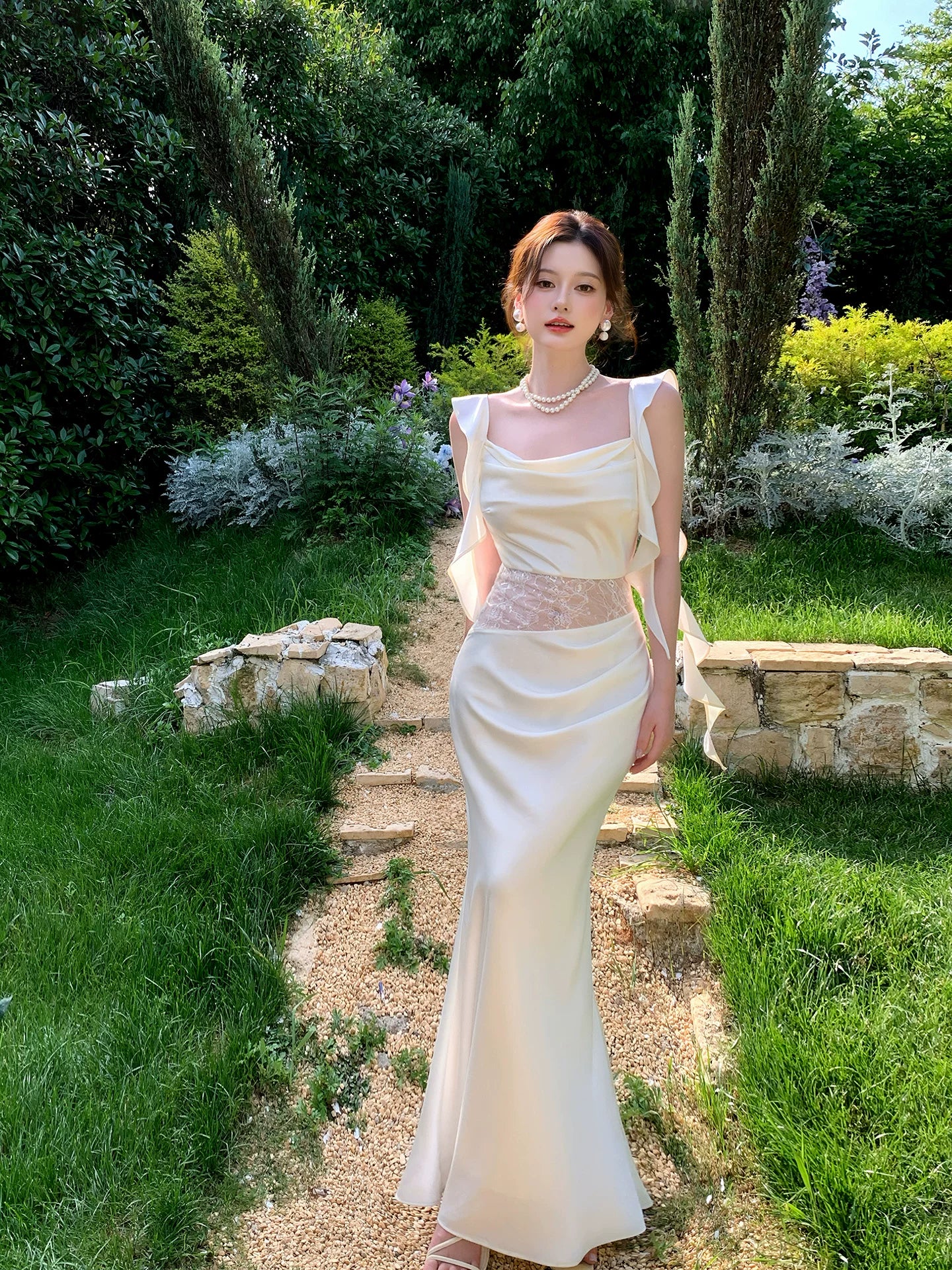 Ivory Satin Sheath Evening Dress Ruffled Wedding Dress  P1520