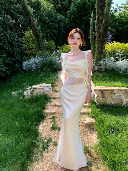 Ivory Satin Sheath Evening Dress Ruffled Wedding Dress  P1520