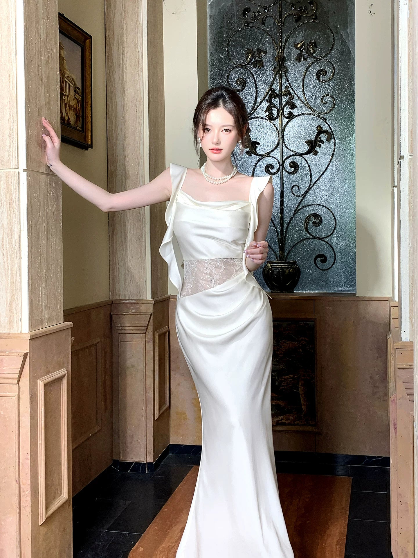 Ivory Satin Sheath Evening Dress Ruffled Wedding Dress  P1520