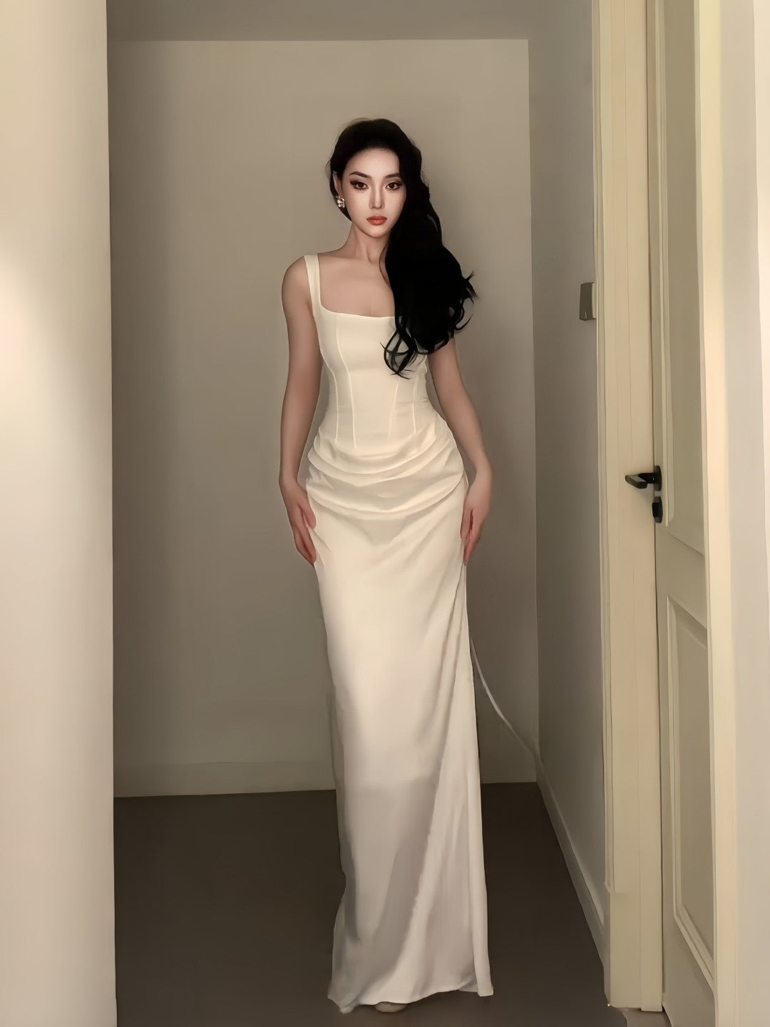Ivory Sheath Satin Evening Dress Elegant Wedding Dress  P760