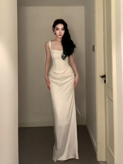 Ivory Sheath Satin Evening Dress Elegant Wedding Dress  P760