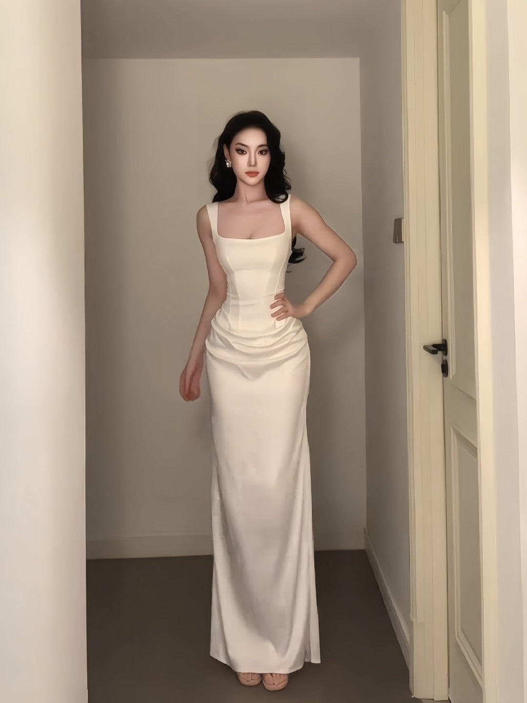 Ivory Sheath Satin Evening Dress Elegant Wedding Dress  P760
