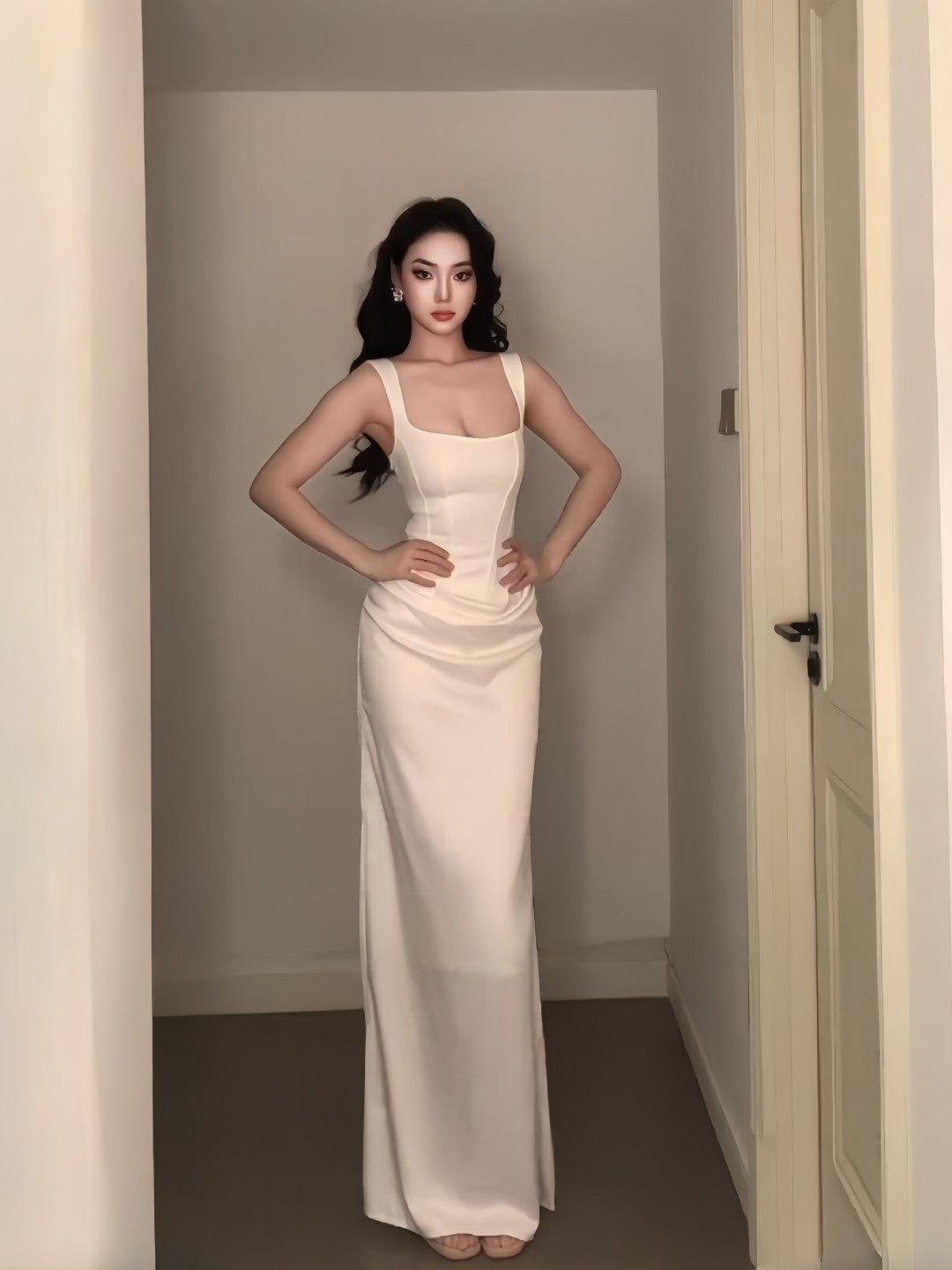 Ivory Sheath Satin Evening Dress Elegant Wedding Dress  P760