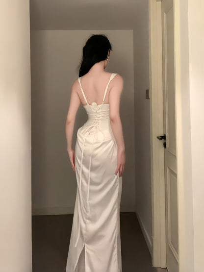 Ivory Sheath Satin Evening Dress Elegant Wedding Dress  P760