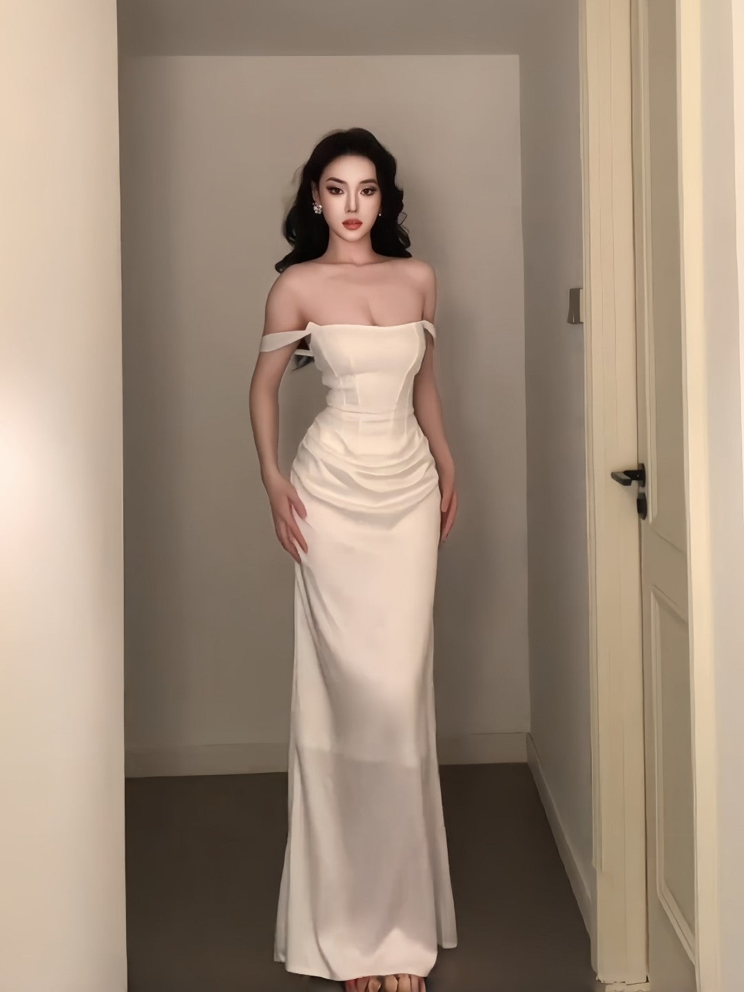 Ivory Sheath Satin Evening Dress Elegant Wedding Dress  P760