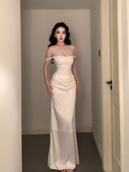 Ivory Sheath Satin Evening Dress Elegant Wedding Dress  P760