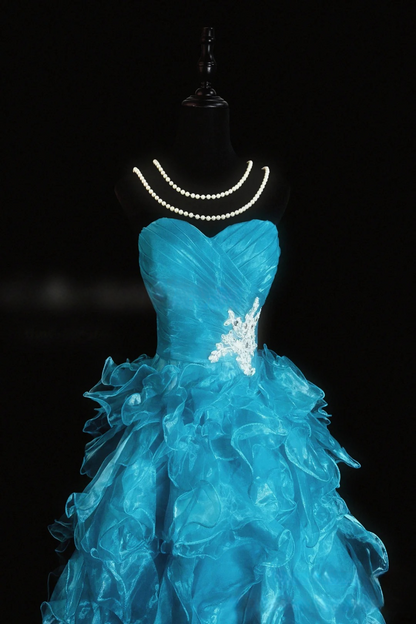Sweetheart Blue Ruffled Prom Dress A Line Organza Formal Dress P511