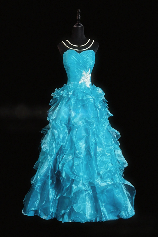 Sweetheart Blue Ruffled Prom Dress A Line Organza Formal Dress P511