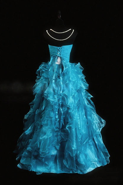 Sweetheart Blue Ruffled Prom Dress A Line Organza Formal Dress P511