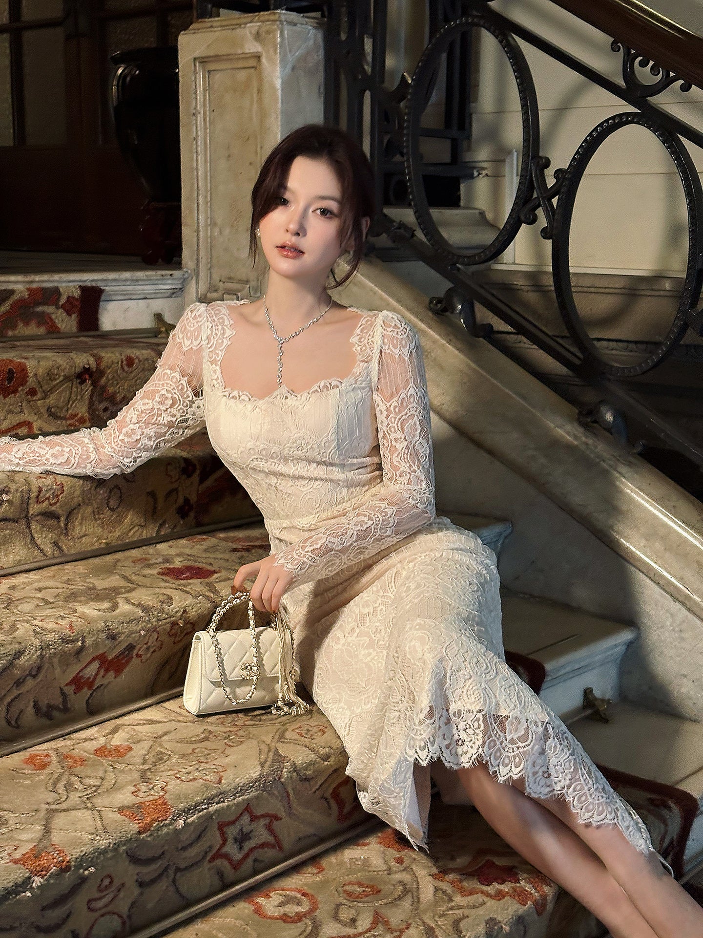 Lace Long-sleeved Square-neck Birthday Dress  Mermaid Formal Dress L10