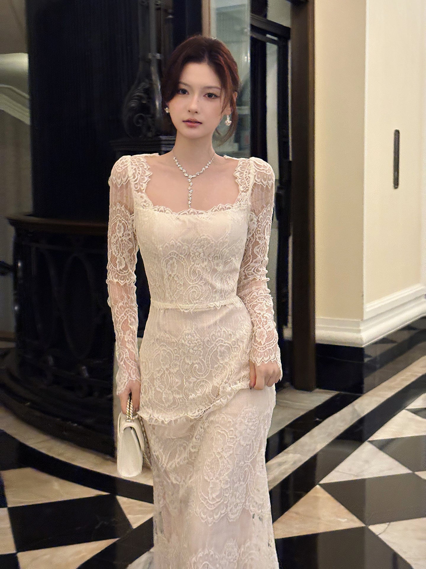 Lace Long-sleeved Square-neck Birthday Dress  Mermaid Formal Dress L10
