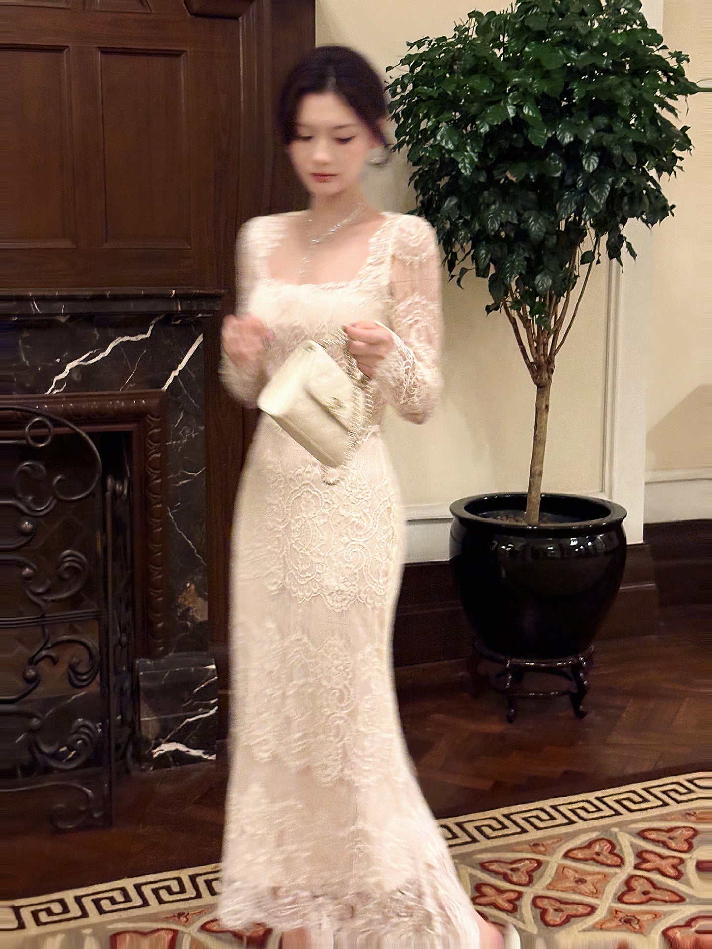 Lace Long-sleeved Square-neck Birthday Dress  Mermaid Formal Dress L10