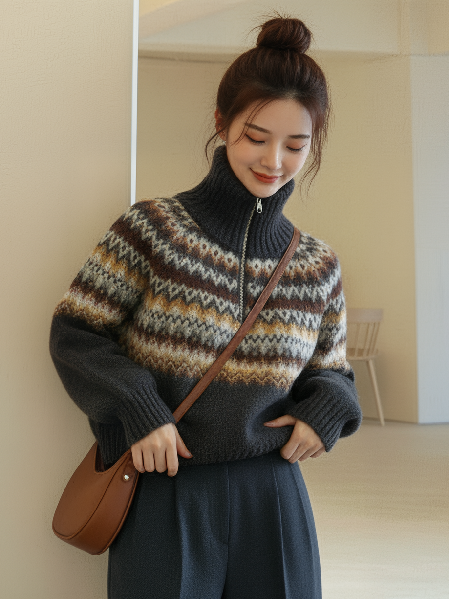Women  Short Knitted Vest Round Neck Long Sleeves Sweater L11