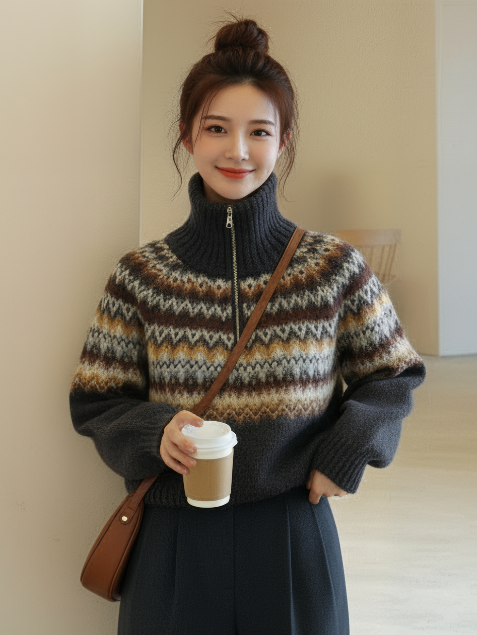 Women  Short Knitted Vest Round Neck Long Sleeves Sweater L11