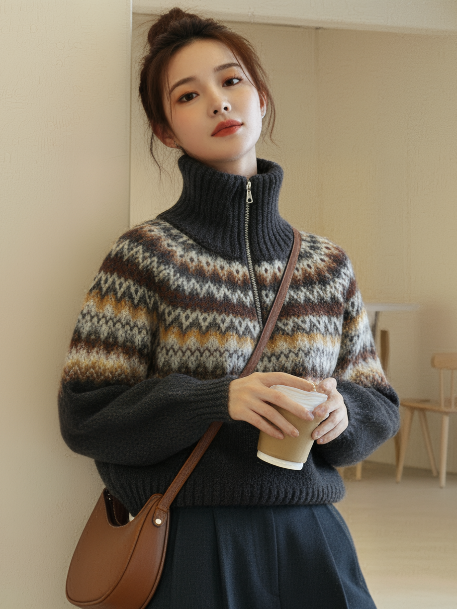 Women  Short Knitted Vest Round Neck Long Sleeves Sweater L11