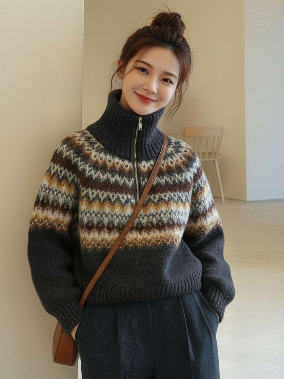 Women  Short Knitted Vest Round Neck Long Sleeves Sweater L11