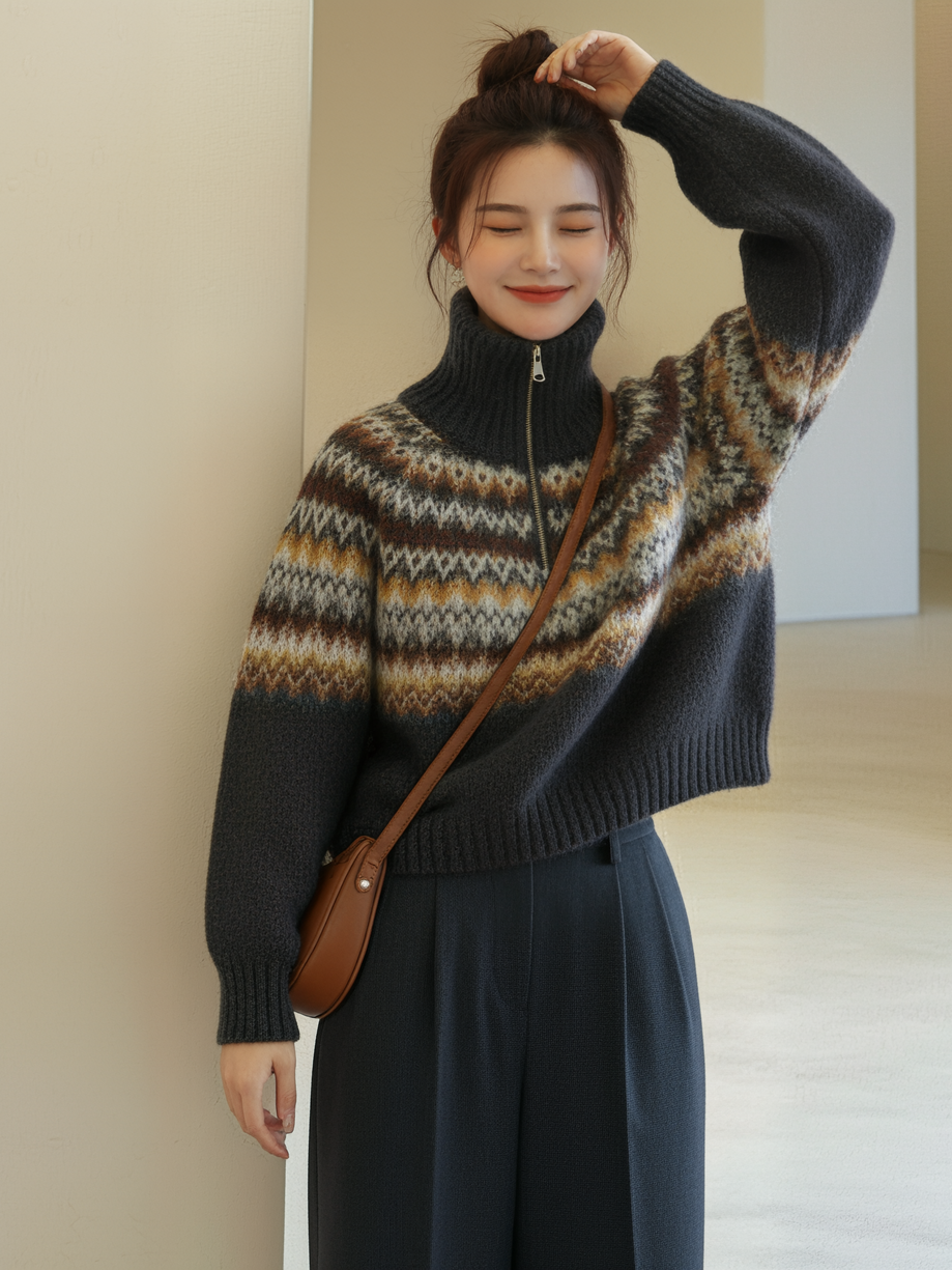 Women  Short Knitted Vest Round Neck Long Sleeves Sweater L11