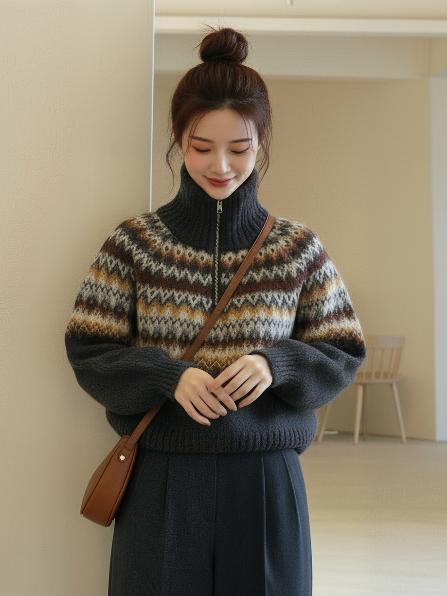 Women  Short Knitted Vest Round Neck Long Sleeves Sweater L11