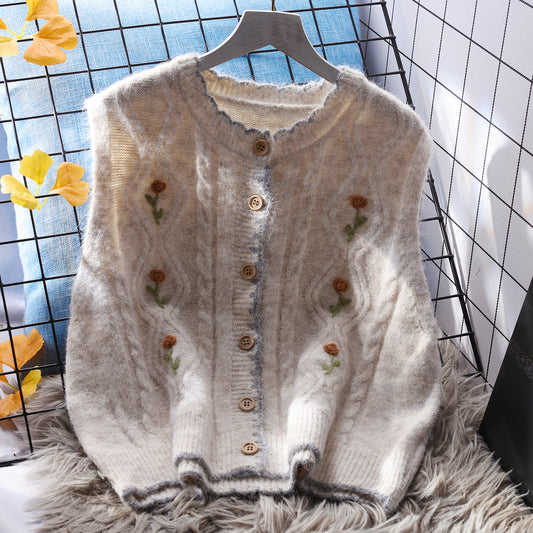 Short Plant Flower Round Neck Knit Vest for Women Sleeveless Autumn  Sweater  L26