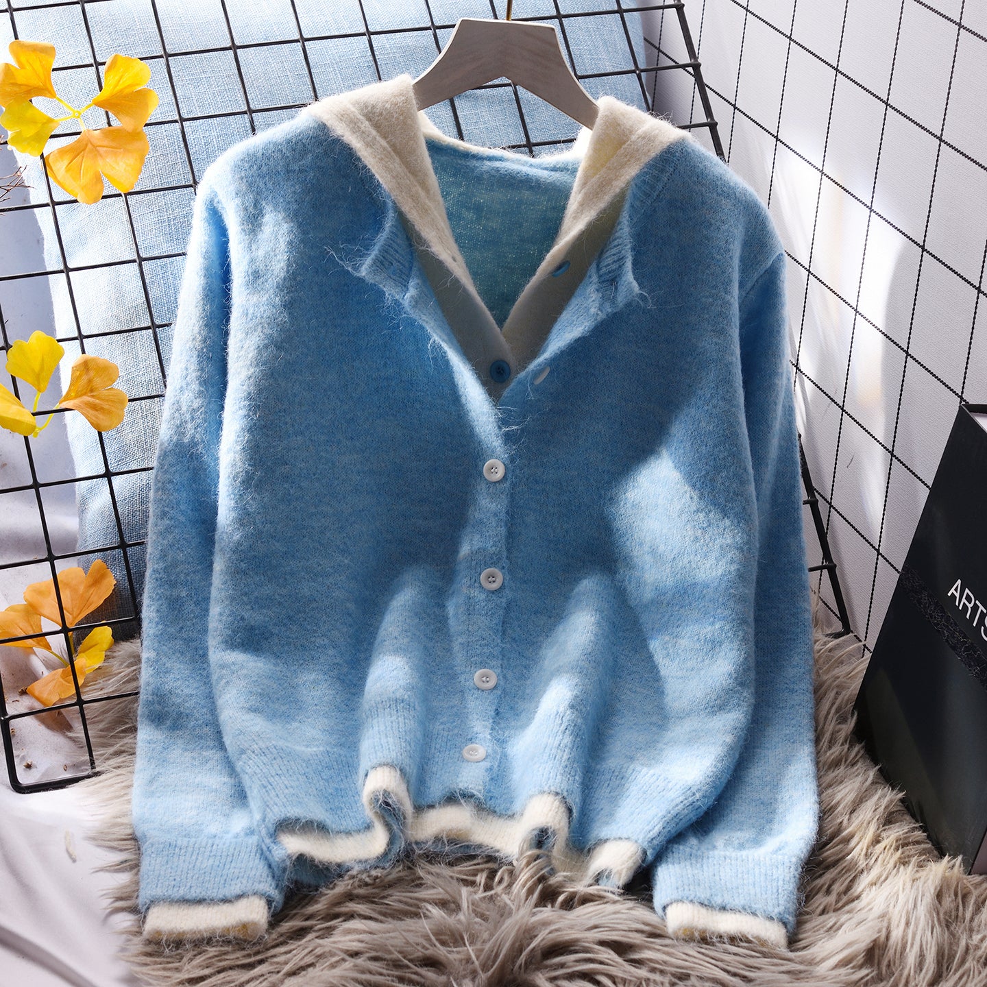 Hooded Blue Sweater Cardigan Women's Loose Autumn Knitted Top L12