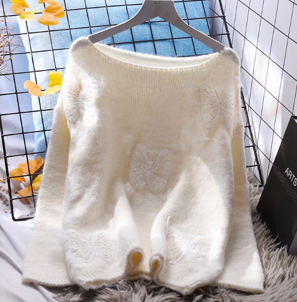 Women's Loose Beaded Crew Neck Sweater Sweet Knitted Top for Autumn L14